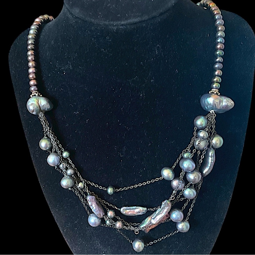 Vintage Black Pearl Sterling Silver Layered Statement Necklace